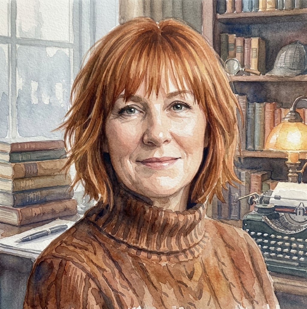 Watercolor illustration of Pepper Ashby, a red-haired author in a rust sweater, seated by a typewriter and stacked books.